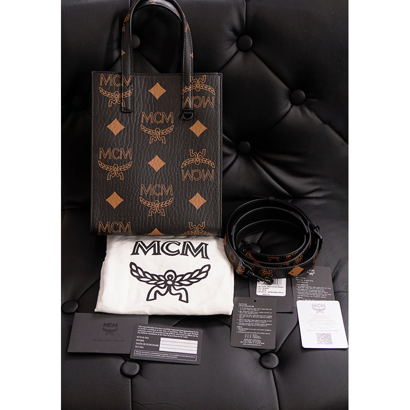 NEW $690 MCM Black Coated Canvas MINI AREN ORANGE LOGO Visetos CROSSBODY BAG NWT