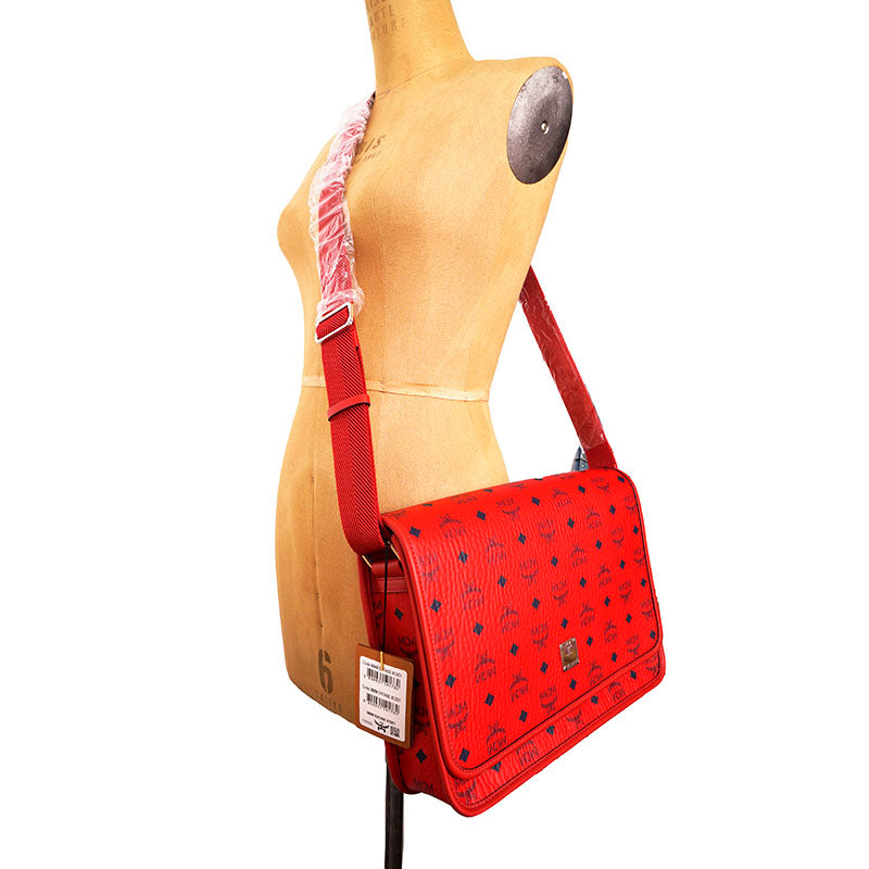 NEW $880 MCM Candy Red Pebble Leather Blue AREN LOGO Messenger Crossbody BAG NWT