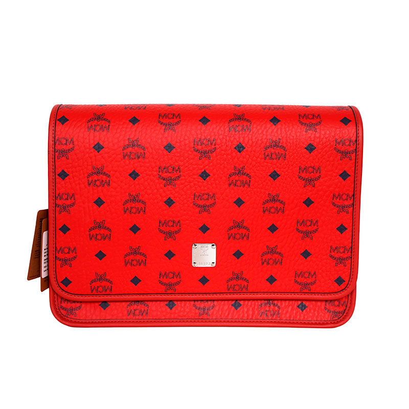 NEW $880 MCM Candy Red Pebble Leather Blue AREN LOGO Messenger Crossbody BAG NWT