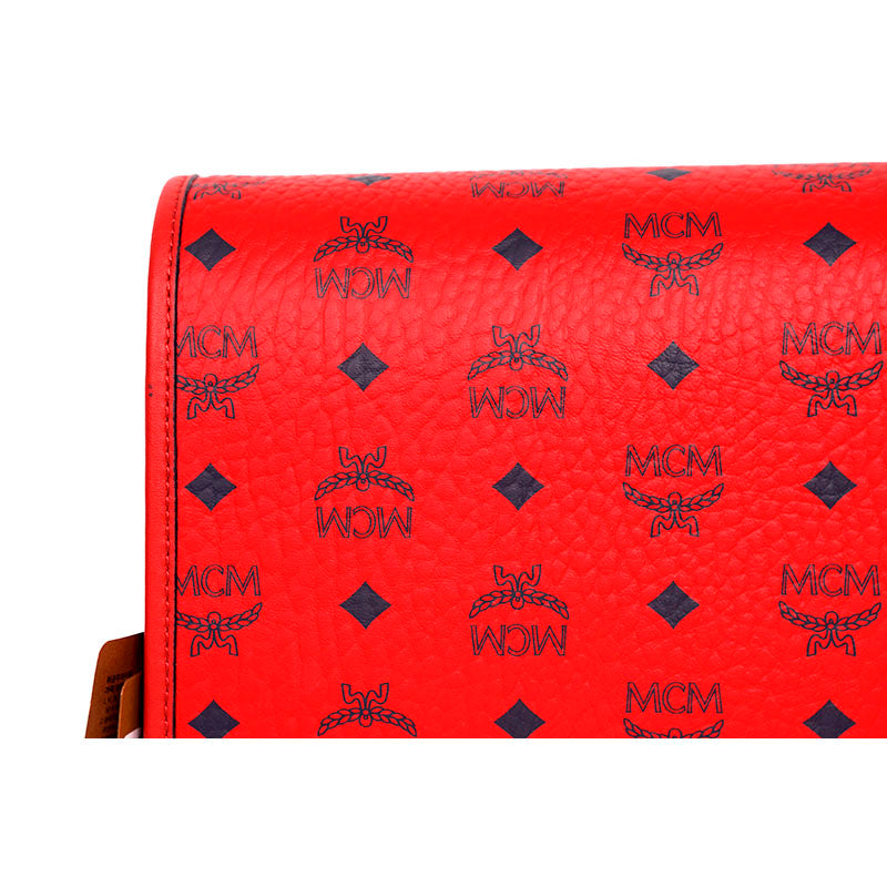 NEW $880 MCM Candy Red Pebble Leather Blue AREN LOGO Messenger Crossbody BAG NWT