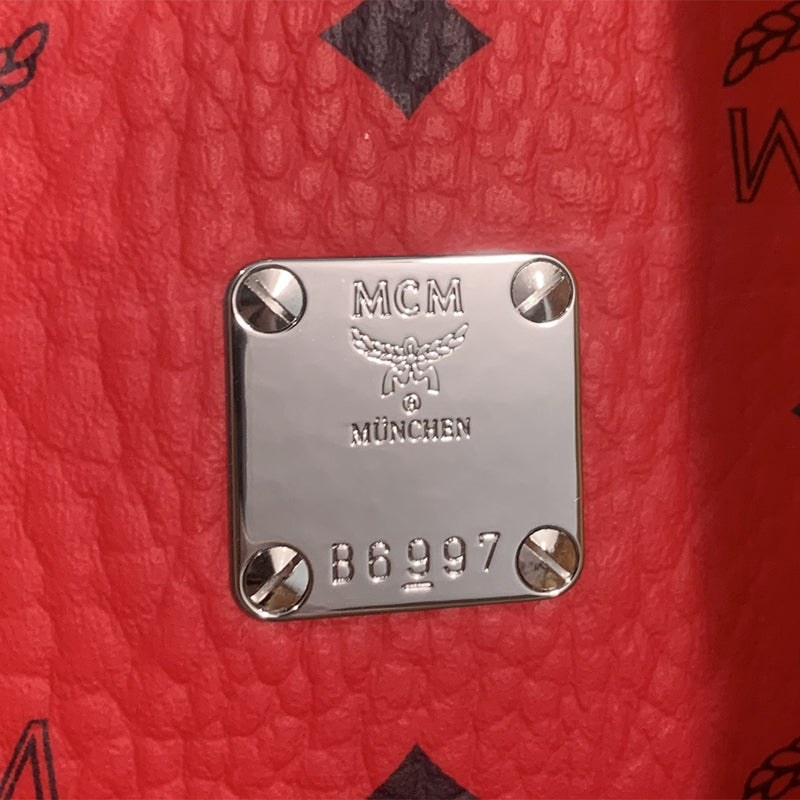 NEW $880 MCM Candy Red Pebble Leather Blue AREN LOGO Messenger Crossbody BAG NWT