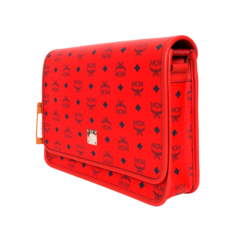 NEW $880 MCM Candy Red Pebble Leather Blue AREN LOGO Messenger Crossbody BAG NWT