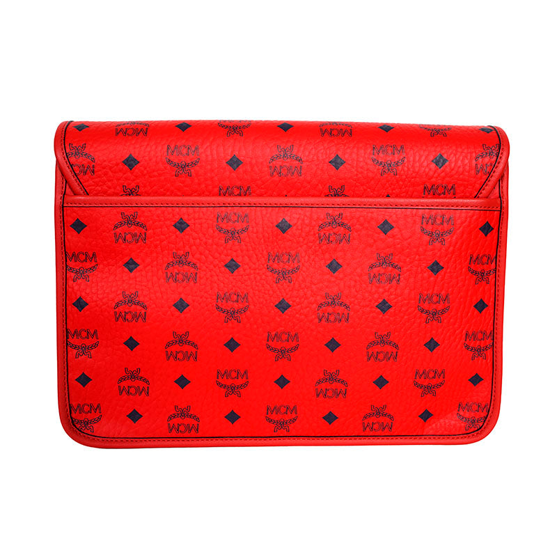 NEW $880 MCM Candy Red Pebble Leather Blue AREN LOGO Messenger Crossbody BAG NWT