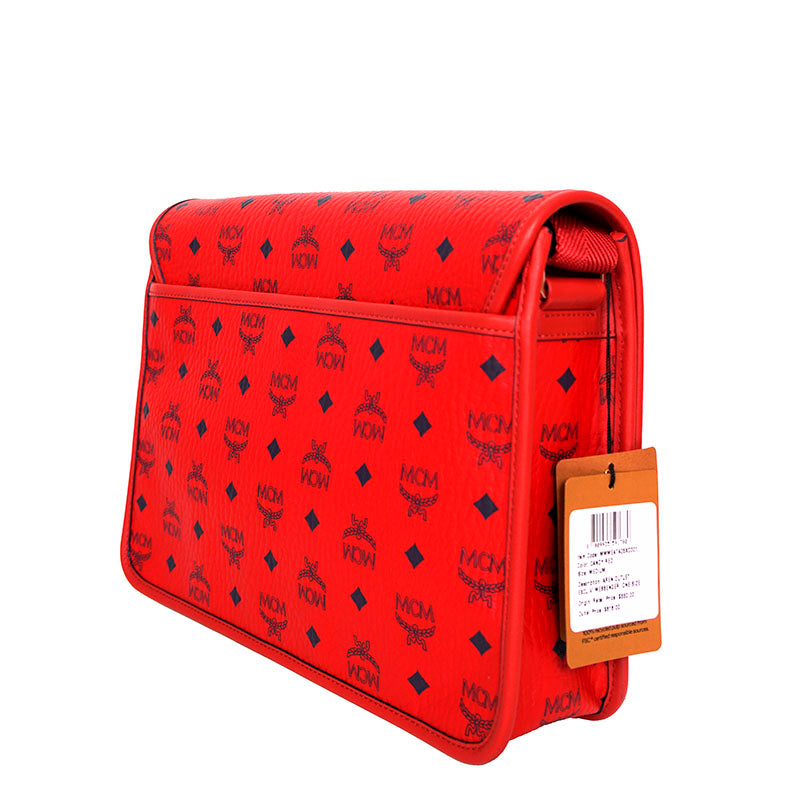 NEW $880 MCM Candy Red Pebble Leather Blue AREN LOGO Messenger Crossbody BAG NWT
