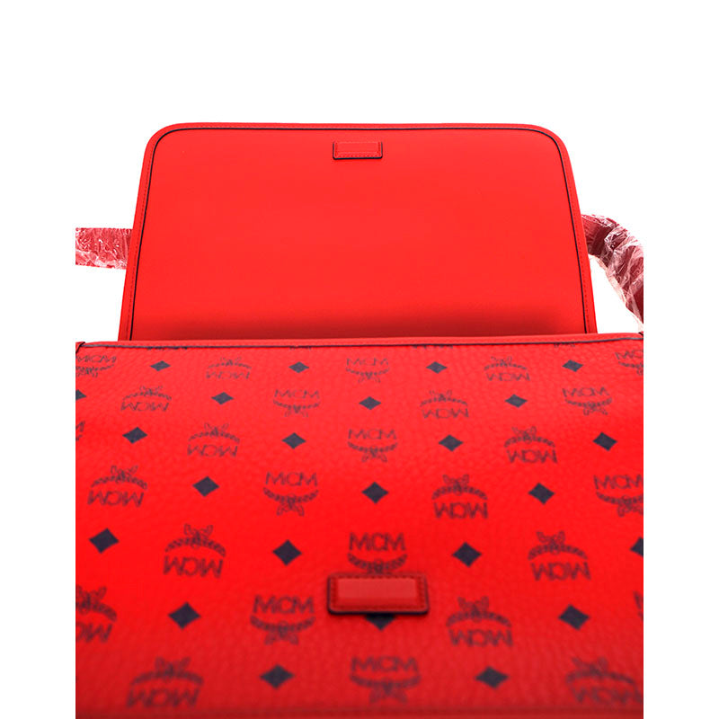 NEW $880 MCM Candy Red Pebble Leather Blue AREN LOGO Messenger Crossbody BAG NWT