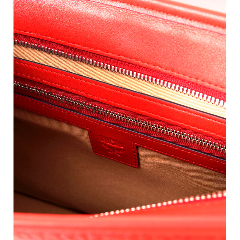 NEW $880 MCM Candy Red Pebble Leather Blue AREN LOGO Messenger Crossbody BAG NWT