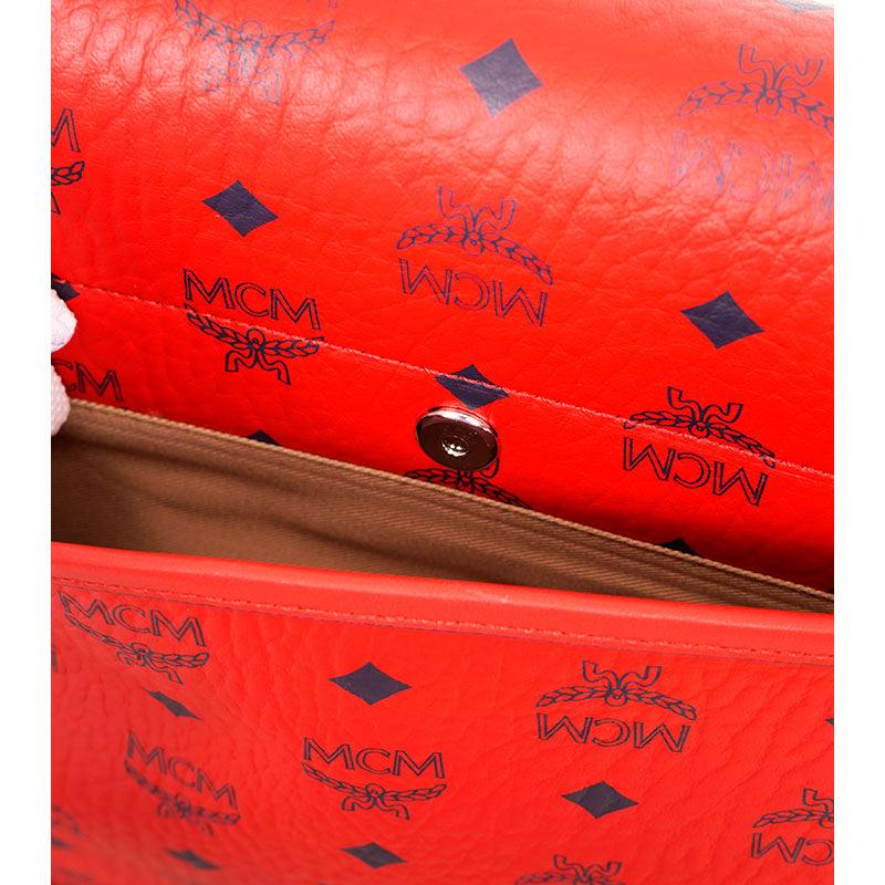 NEW $880 MCM Candy Red Pebble Leather Blue AREN LOGO Messenger Crossbody BAG NWT