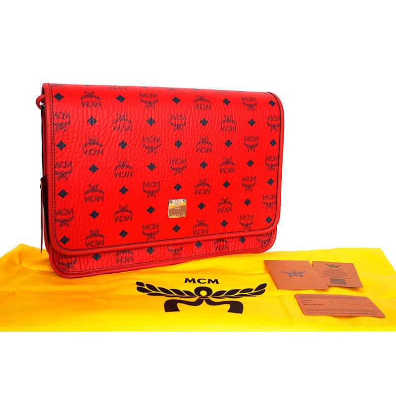 NEW $880 MCM Candy Red Pebble Leather Blue AREN LOGO Messenger Crossbody BAG NWT