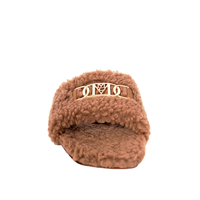 37 NEW $490 MCM Tan-Brown Italian Fx Fur TRAVIA MCM GOLD LOGO Flat Slide SANDALS