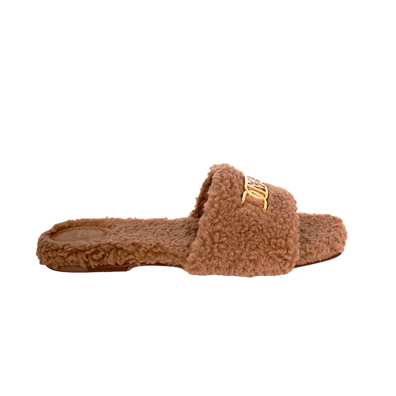 37 NEW $490 MCM Tan-Brown Italian Fx Fur TRAVIA MCM GOLD LOGO Flat Slide SANDALS