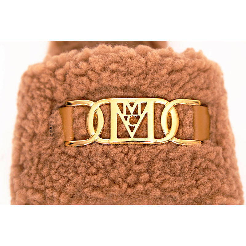 37 NEW $490 MCM Tan-Brown Italian Fx Fur TRAVIA MCM GOLD LOGO Flat Slide SANDALS