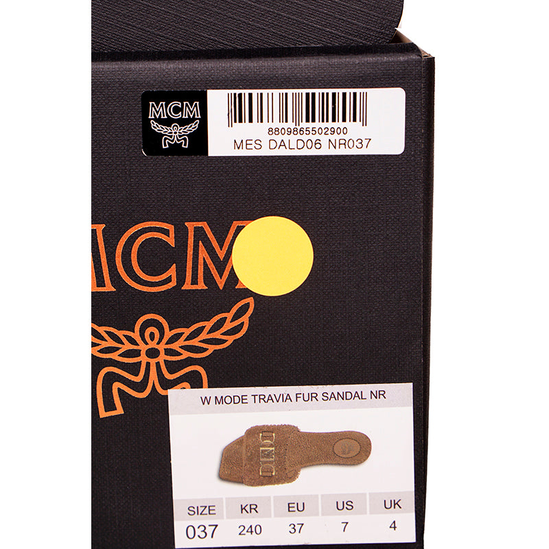 37 NEW $490 MCM Tan-Brown Italian Fx Fur TRAVIA MCM GOLD LOGO Flat Slide SANDALS