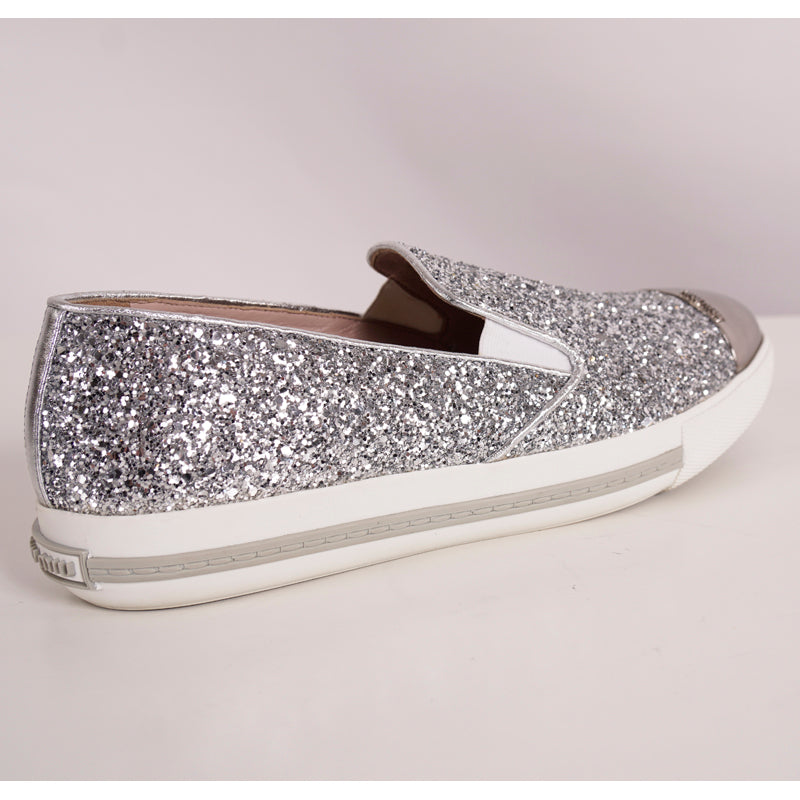 39.5 NEW $925 MIU MIU Womans Silver GLITTER METAL CAP TOP Slip on Skate SNEAKERS