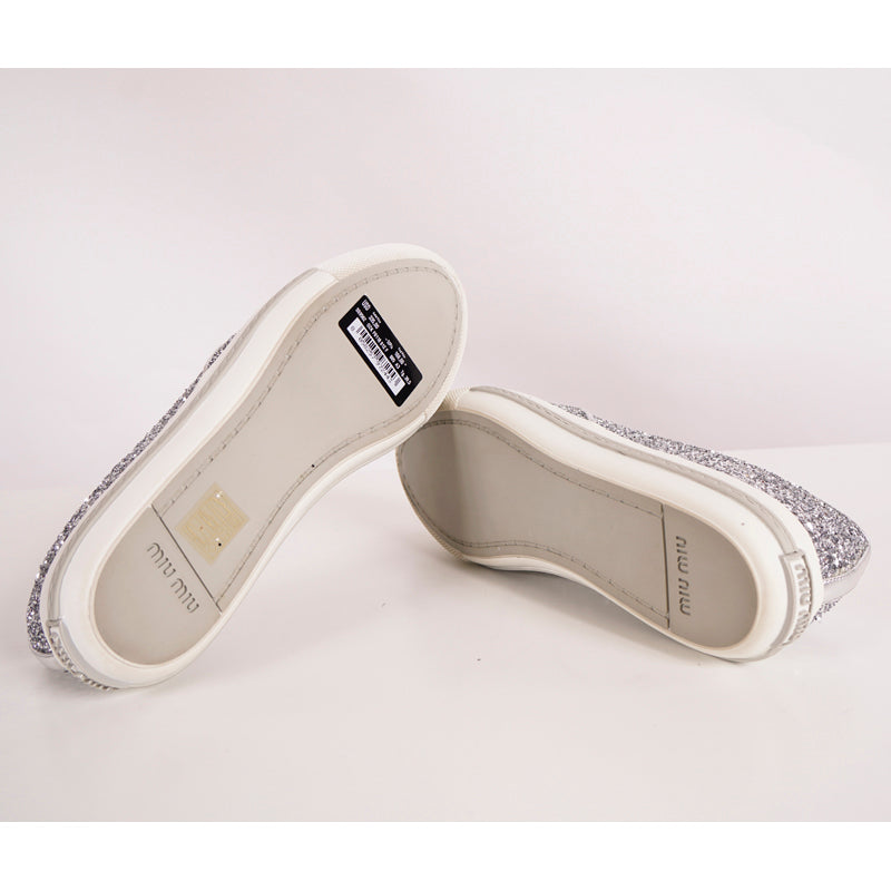 39.5 NEW $925 MIU MIU Womans Silver GLITTER METAL CAP TOP Slip on Skate SNEAKERS
