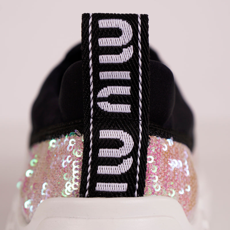 sz 37.5 NEW $925 MIU MIU Pink SEQUIN Neoprene BOLD LOGO HEEL Slip on SNEAKERS