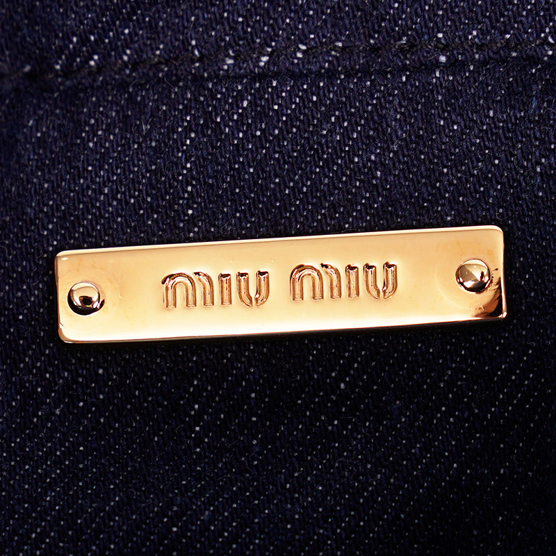 NEW MIU MIU Blue Denim CAT & PENNANT LOGO PATCH Drawstring Small POUCH BAG