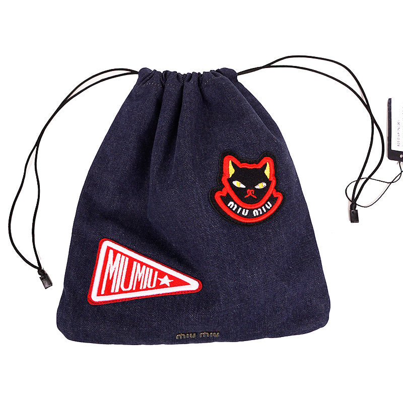 NEW MIU MIU Blue Denim CAT & PENNANT LOGO PATCH Drawstring Small POUCH BAG
