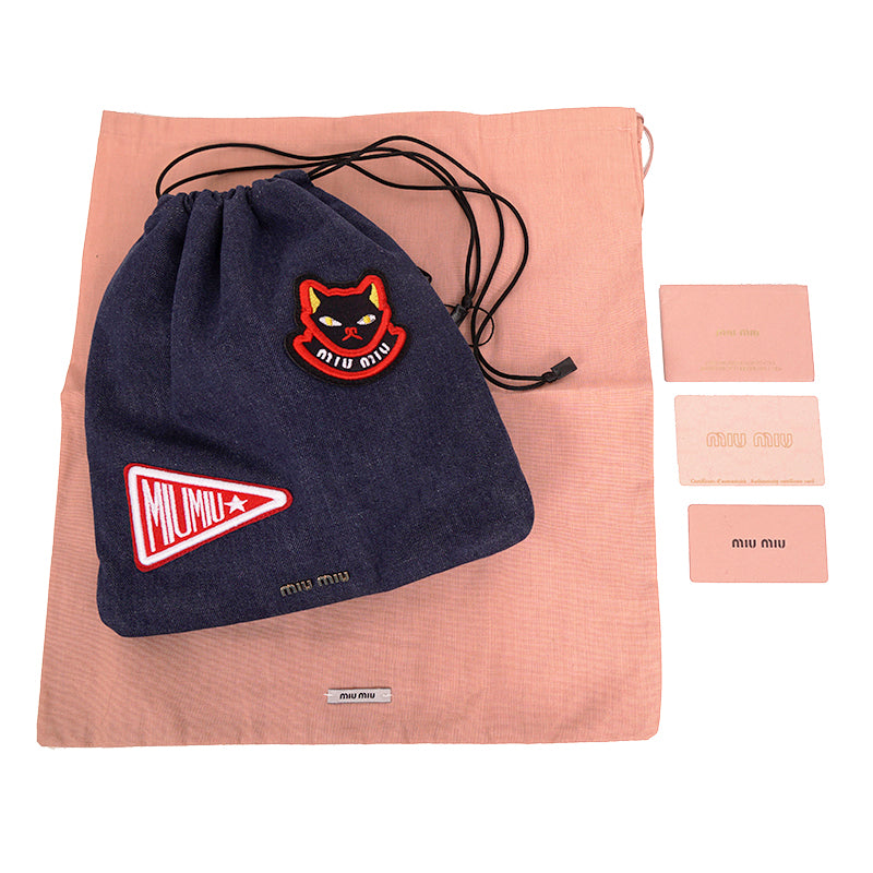 NEW MIU MIU Blue Denim CAT & PENNANT LOGO PATCH Drawstring Small POUCH BAG