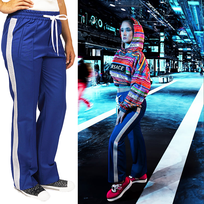 sz 38 XS NEW $845 MIU MIU Blue WHITE SPORTY SIDE STRIPE Wool Mohair TRACK PANTS XS