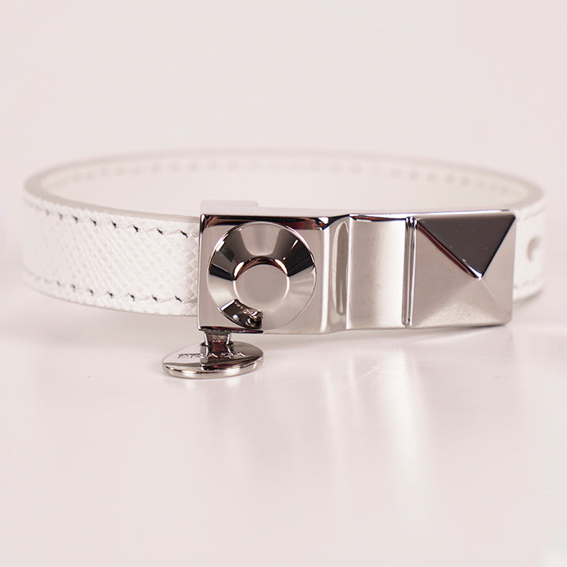 NEW $650 PRADA Woman White Saffiano Leather Stud Accent LOGO Charm BRACELET NIB