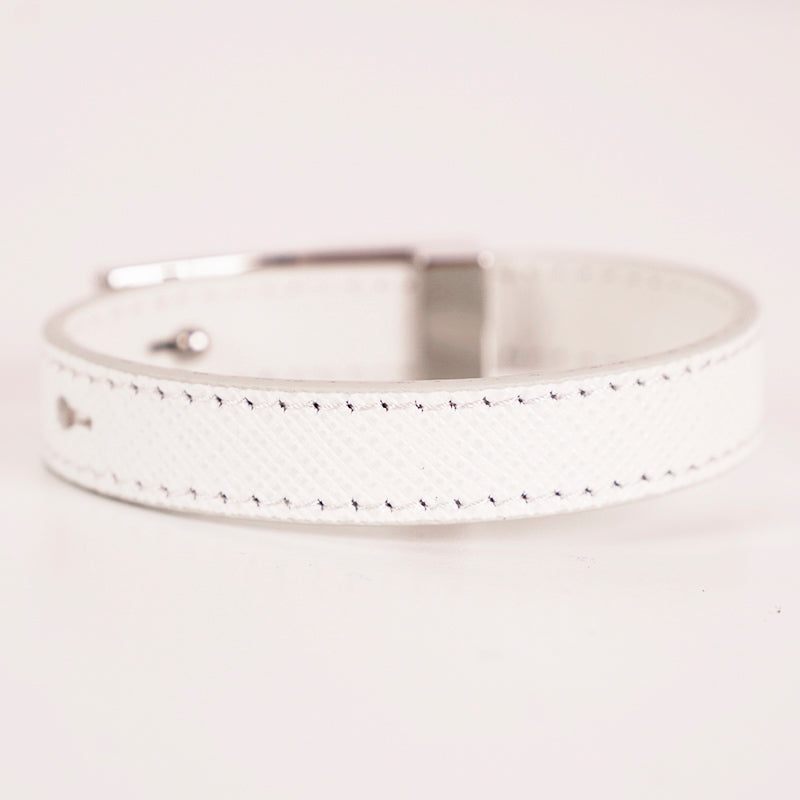 NEW $650 PRADA Woman White Saffiano Leather Stud Accent LOGO Charm BRACELET NIB