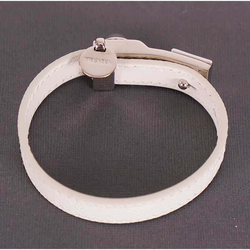 NEW $650 PRADA Woman White Saffiano Leather Stud Accent LOGO Charm BRACELET NIB