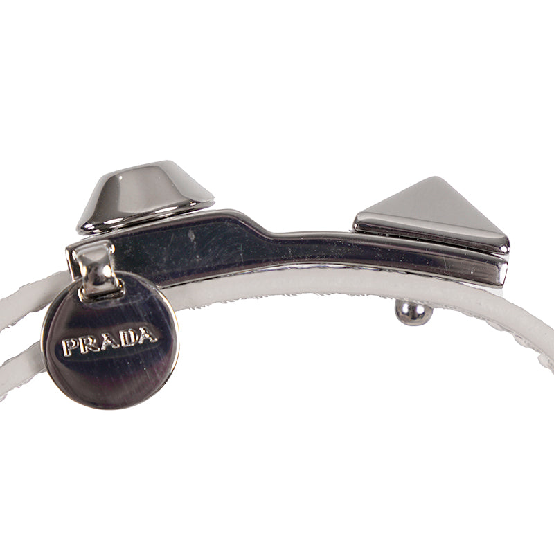 NEW $650 PRADA Woman White Saffiano Leather Stud Accent LOGO Charm BRACELET NIB