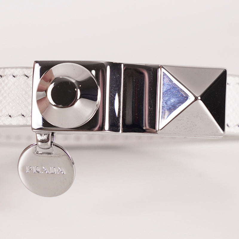 NEW $650 PRADA Woman White Saffiano Leather Stud Accent LOGO Charm BRACELET NIB