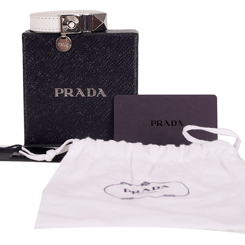 NEW $650 PRADA Woman White Saffiano Leather Stud Accent LOGO Charm BRACELET NIB