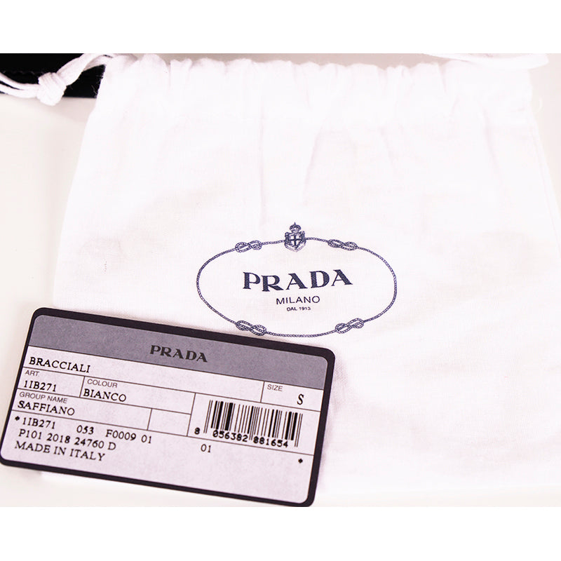NEW $650 PRADA Woman White Saffiano Leather Stud Accent LOGO Charm BRACELET NIB