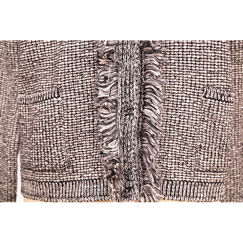 sz 40/46 NEW $1470 PRADA Black White Gray TWEED KNIT Wool Blend Sweater CARDIGAN L