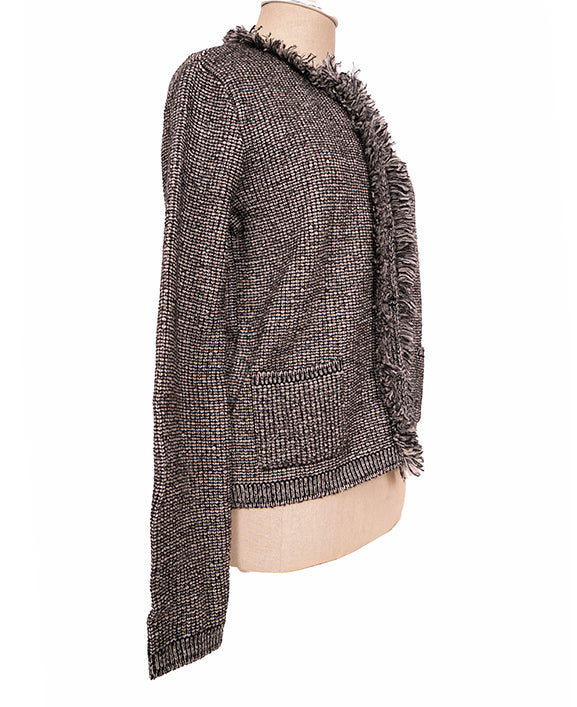 sz 40/46 NEW $1470 PRADA Black White Gray TWEED KNIT Wool Blend Sweater CARDIGAN L