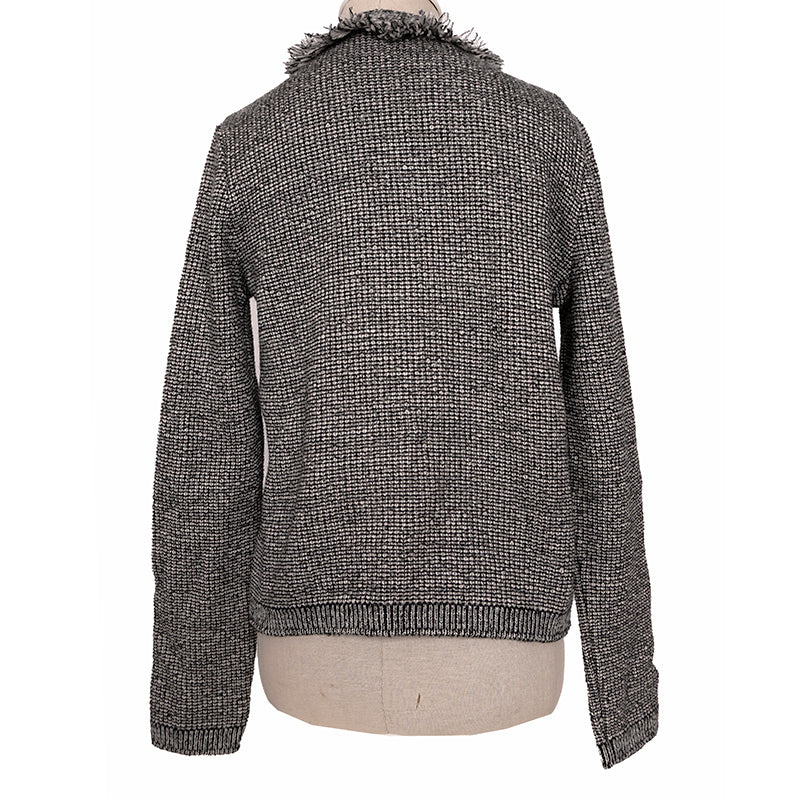 sz 40/46 NEW $1470 PRADA Black White Gray TWEED KNIT Wool Blend Sweater CARDIGAN L