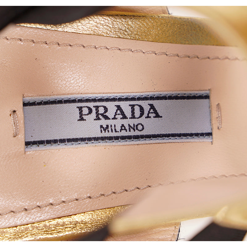 40 US 9.5 NEW $1100 PRADA Vintage 2013 RUNWAY Gold Leather CHUNKY Open Toe HEELS