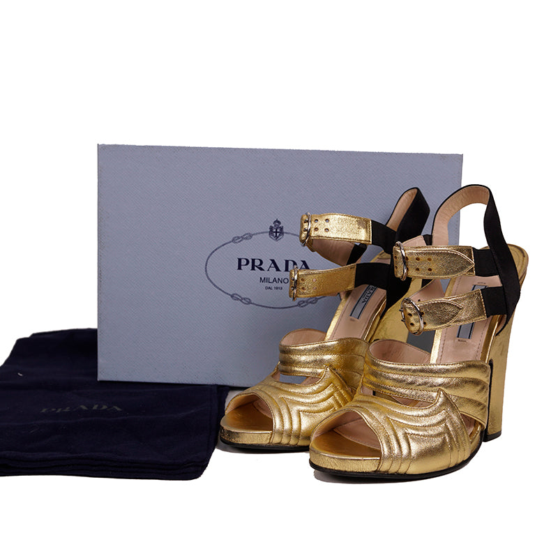 40 US 9.5 NEW $1100 PRADA Vintage 2013 RUNWAY Gold Leather CHUNKY Open Toe HEELS