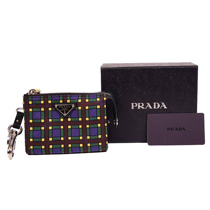 NEW $650 PRADA Blue PLAID NYLON Saffiano Key Chain Trick BAG CHARM Zip POUCH