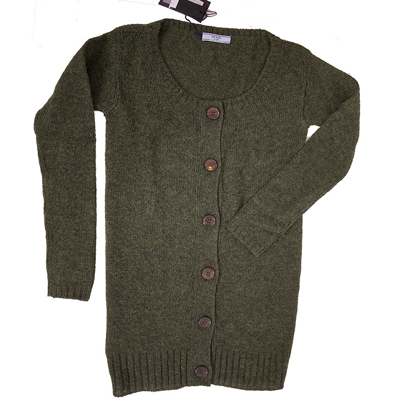 40 NEW $1190 PRADA Runway Olive Long CHUNKY KNIT 100% Wool Sweater CARDIGAN XS
