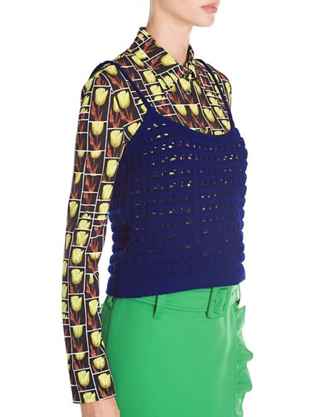 sz 38 NEW $1290 PRADA RUNWAY Vivid Blue CROCHET KNIT Resort LOGO in BACK TOP XS