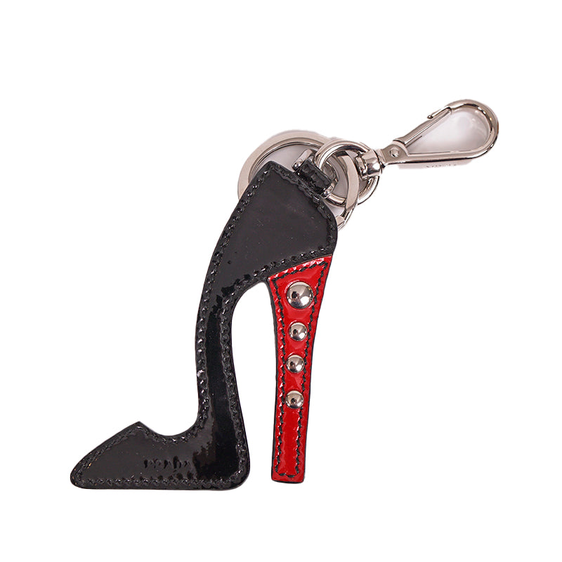 NEW $395 PRADA Black Patent Studded Stiletto HIGH HEEL Bag Charm KEY CHAIN NIB