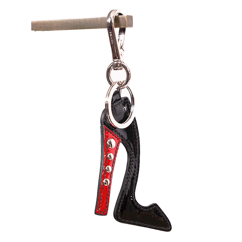NEW $395 PRADA Black Patent Studded Stiletto HIGH HEEL Bag Charm KEY CHAIN NIB