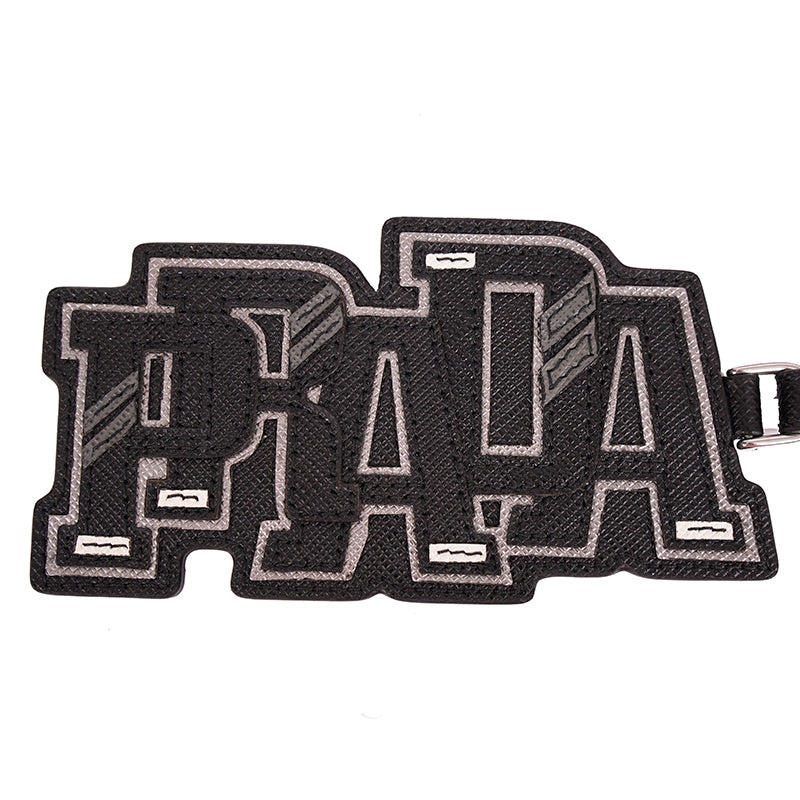 NEW $495 PRADA Preppy LOGO Gray Black SAFFIANO LEATHER Trick KEYRING BAG CHARM