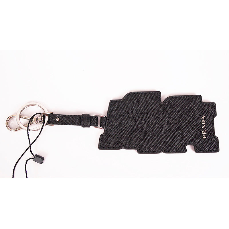 NEW $495 PRADA Preppy LOGO Gray Black SAFFIANO LEATHER Trick KEYRING BAG CHARM