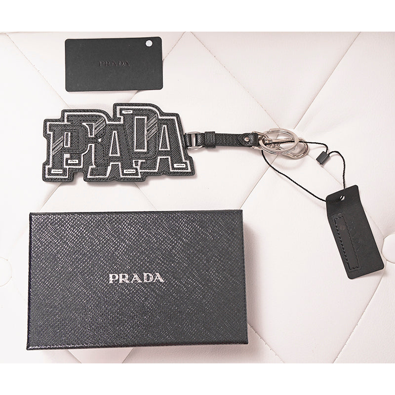 NEW $495 PRADA Preppy LOGO Gray Black SAFFIANO LEATHER Trick KEYRING BAG CHARM
