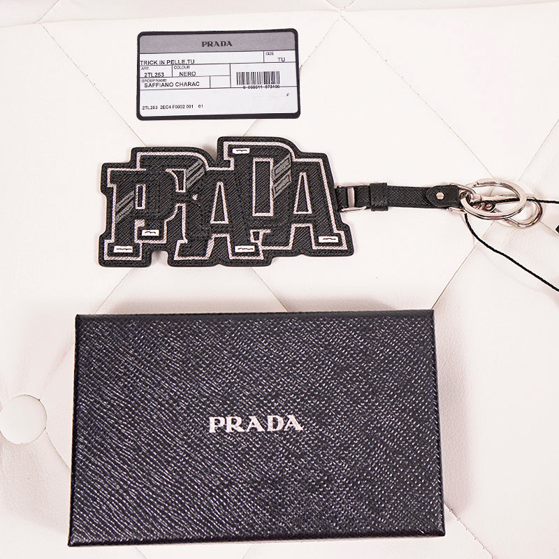 NEW $495 PRADA Preppy LOGO Gray Black SAFFIANO LEATHER Trick KEYRING BAG CHARM