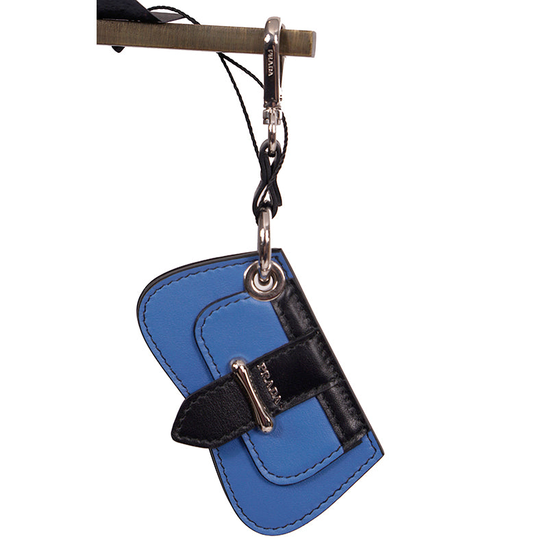 NEW $495 PRADA Blue Black Leather SIDONIE BAG SHAPED MIRROR Charm KEY RING NIB
