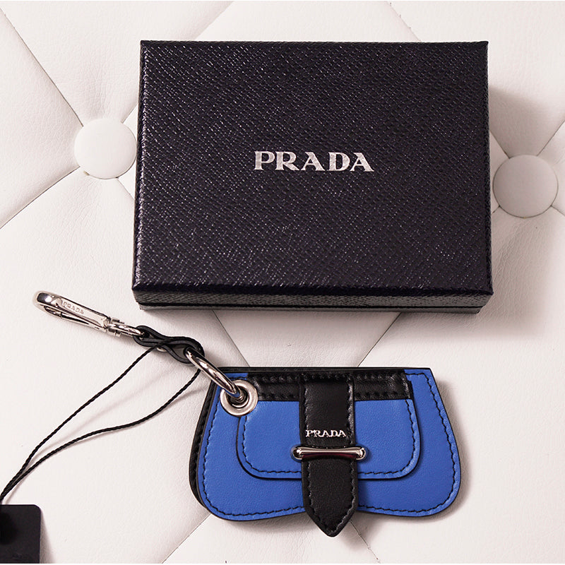 NEW $495 PRADA Blue Black Leather SIDONIE BAG SHAPED MIRROR Charm KEY RING NIB