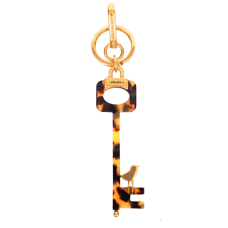 NEW $440 PRADA RUNWAY Gold Tone Metal BIRD Faux Tortoise SKELETON KEY KEYRING
