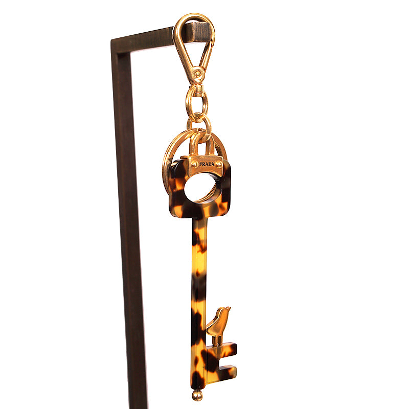 NEW $440 PRADA RUNWAY Gold Tone Metal BIRD Faux Tortoise SKELETON KEY KEYRING