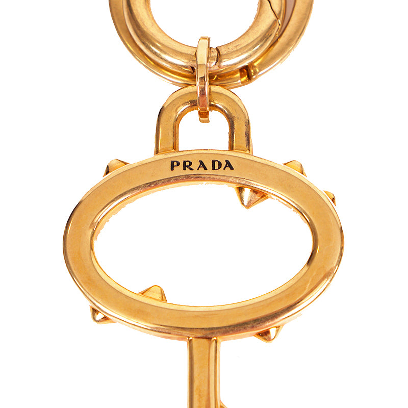 NEW $440 PRADA RUNWAY Gold Tone Metal FLOWER Thorns Logo SKELETON KEY KEYRING