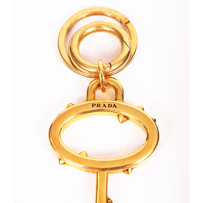 NEW $440 PRADA RUNWAY Gold Tone Metal FLOWER Thorns Logo SKELETON KEY KEYRING